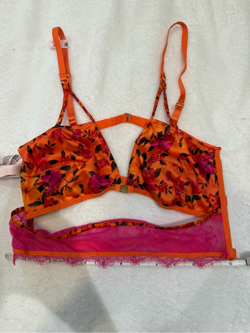Victoria's Secret Orange Satin Floral Bra with Pink Lace small